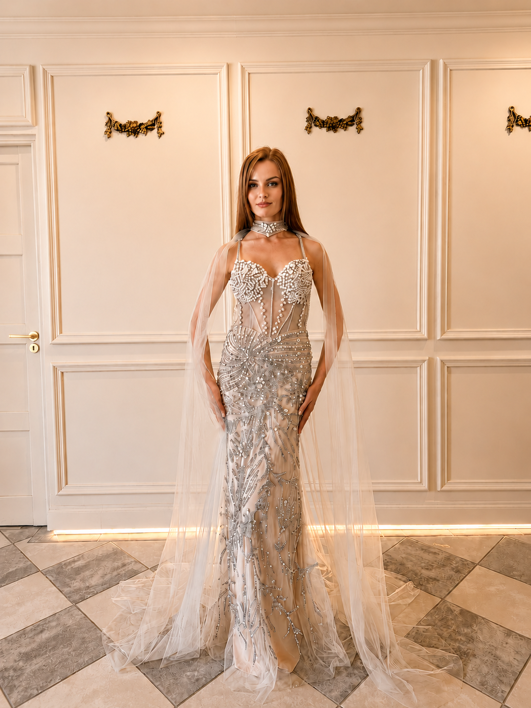 Alexandra – DDC072 Silver Beaded Dress With Nude Lining Size 6 – Diaan Daniels Couture