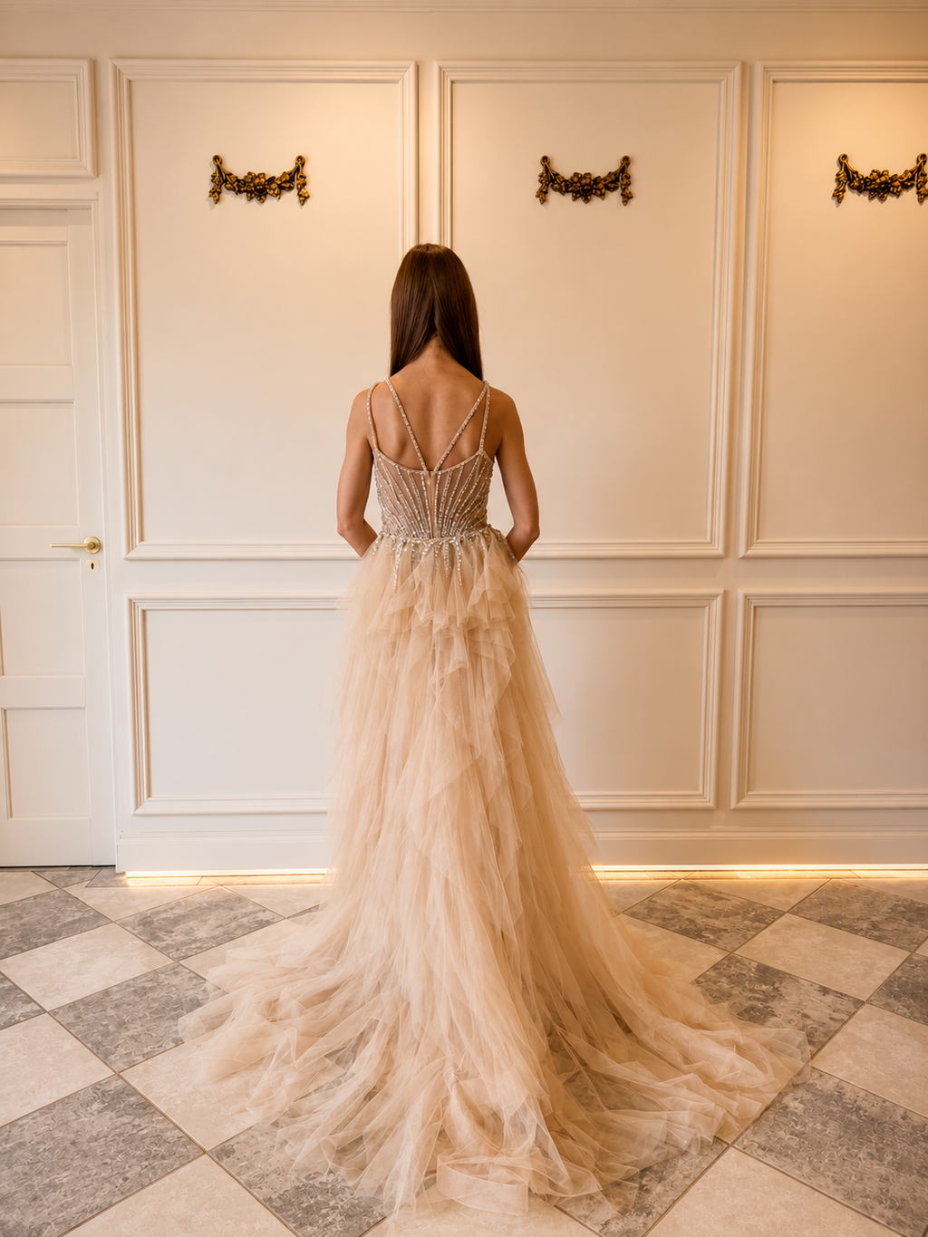 Andrea – DDC074 Champagne Beaded Gown Separate Tulle Skirt Size 8