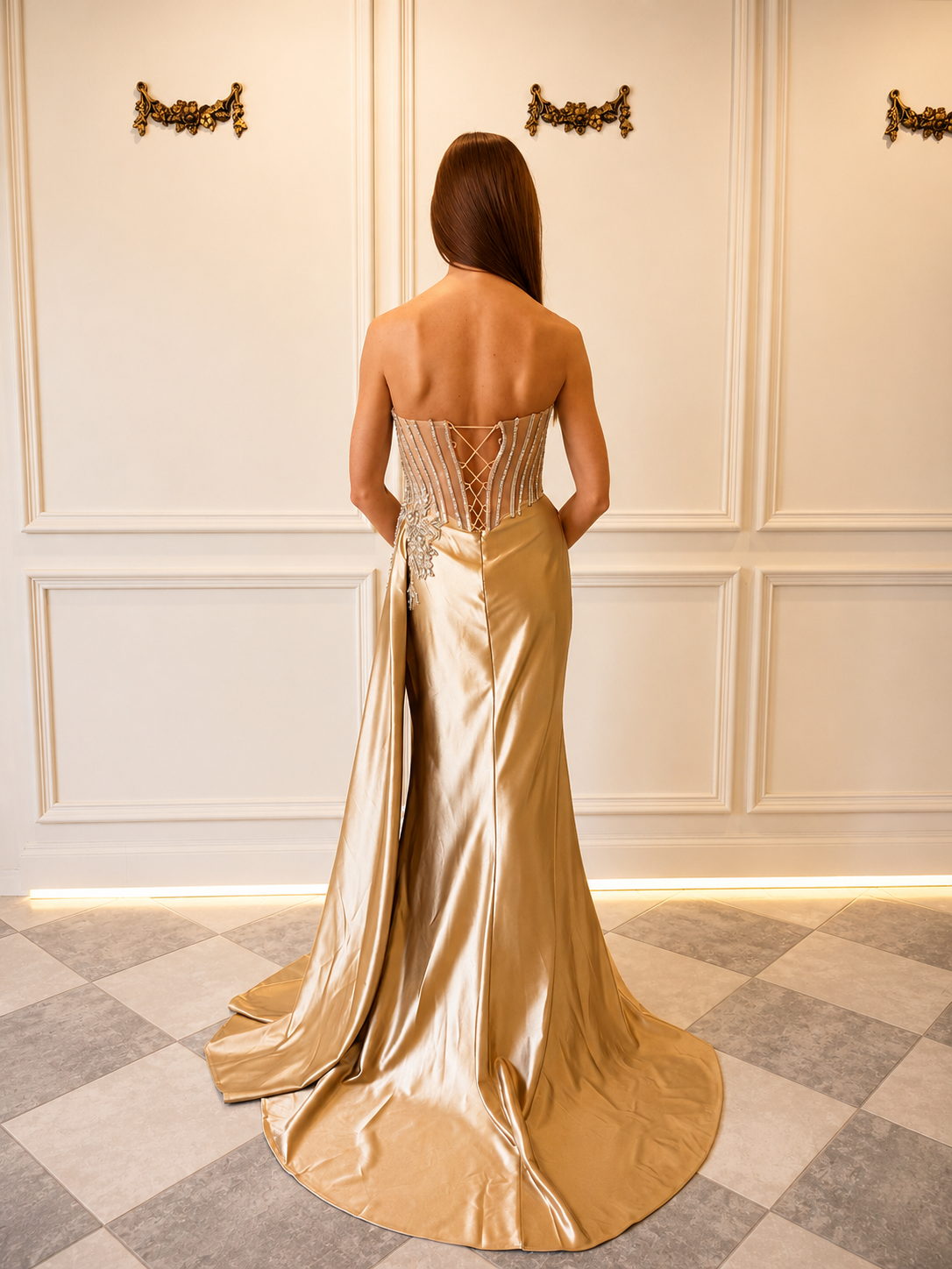 Ashleigh – DDC075 Gold Corset Beaded Dress Size 8