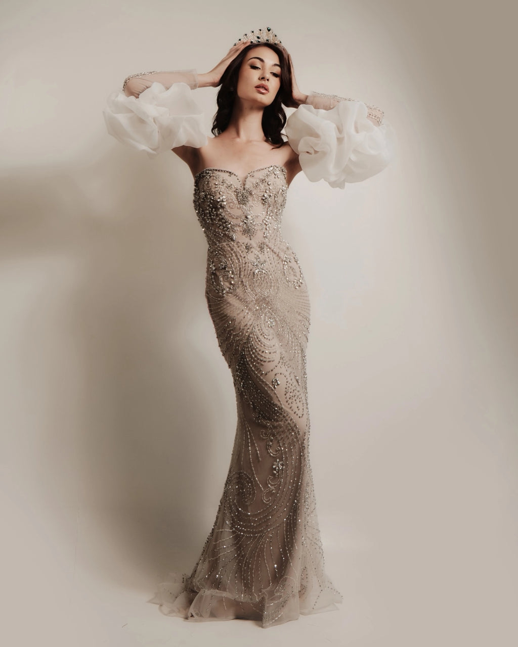 Bella DD001 Back View Size 10 Nude Color Fully Beaded White Sleeves