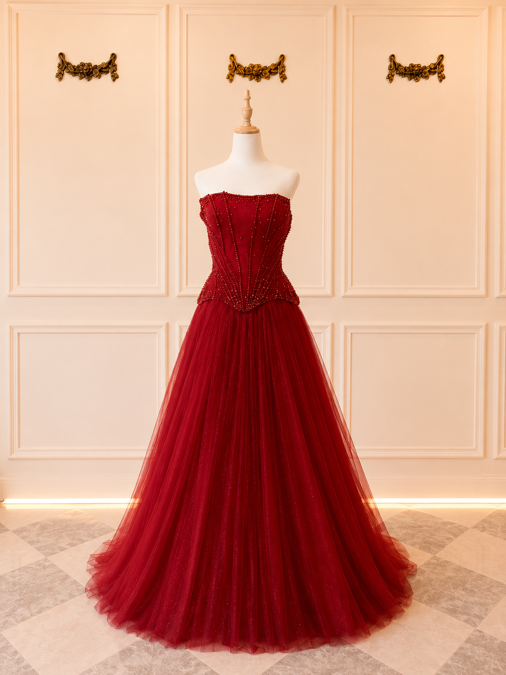 Riri - DD094 Size 10 Ballgown with Chantilly Lace and Beading Red