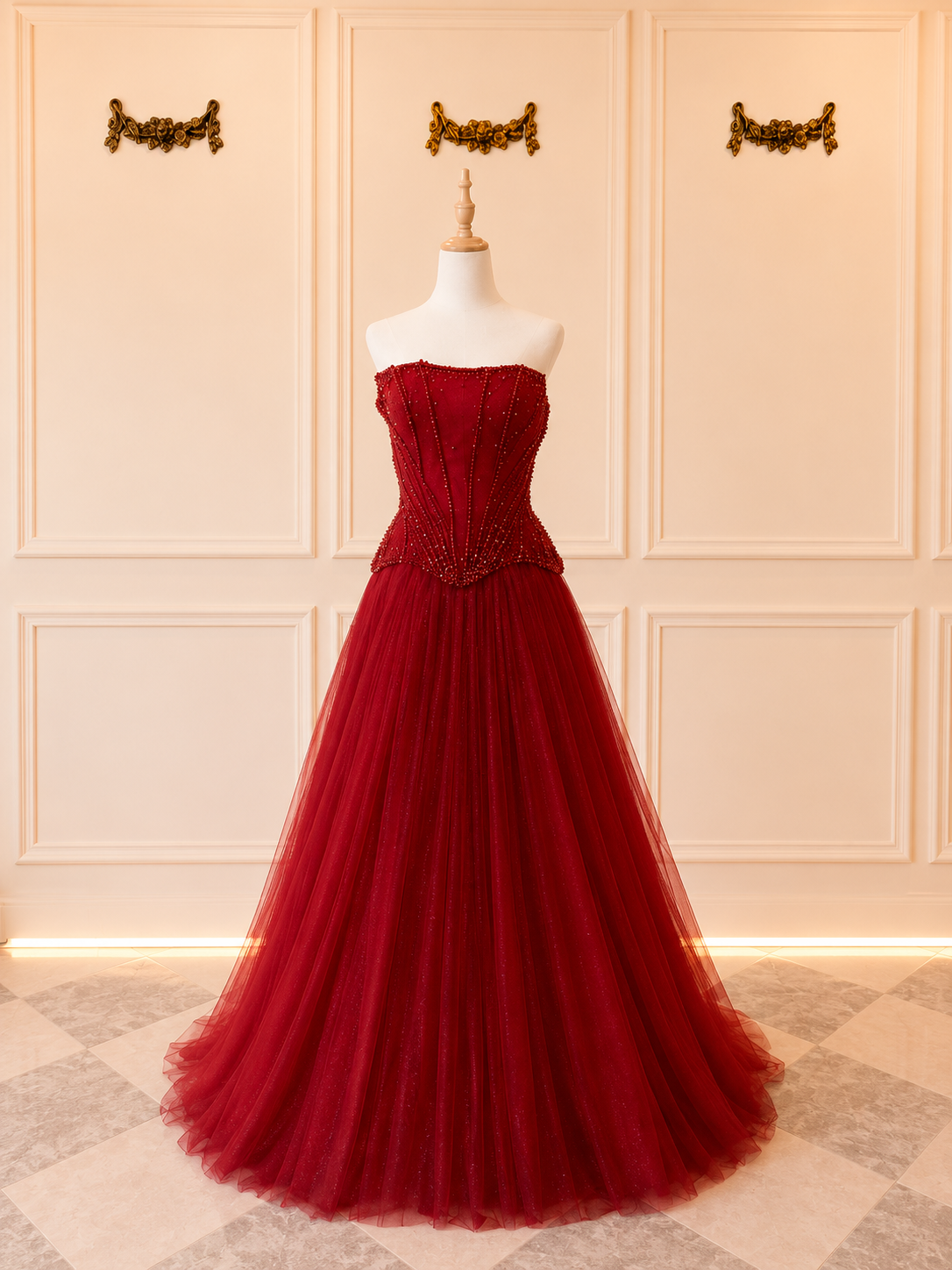 Riri - DD094 Size 10 Ballgown with Chantilly Lace and Beading Red