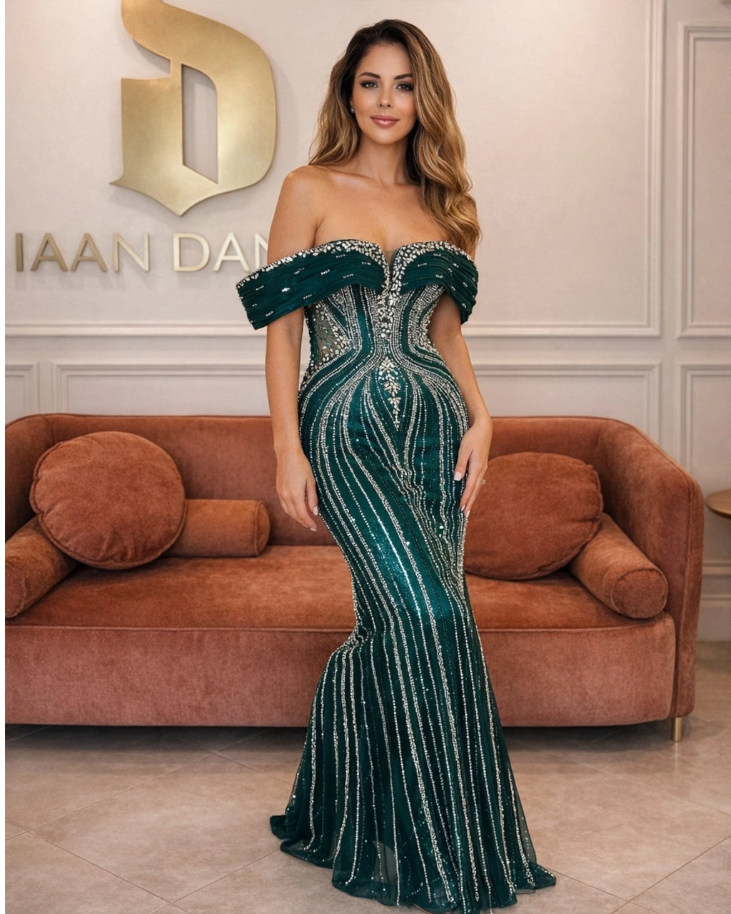 Elara DD063 Emerald Green Diamante Beaded