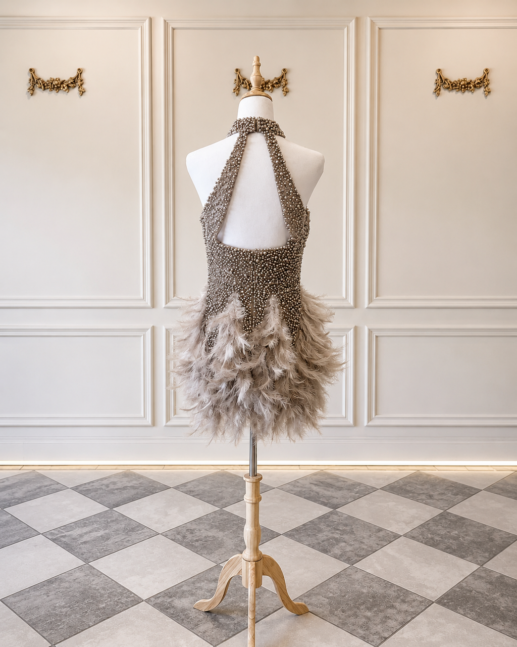 Fiona – DDC126 Pearl and Feather Halterneck Short Oyster Color Size 6