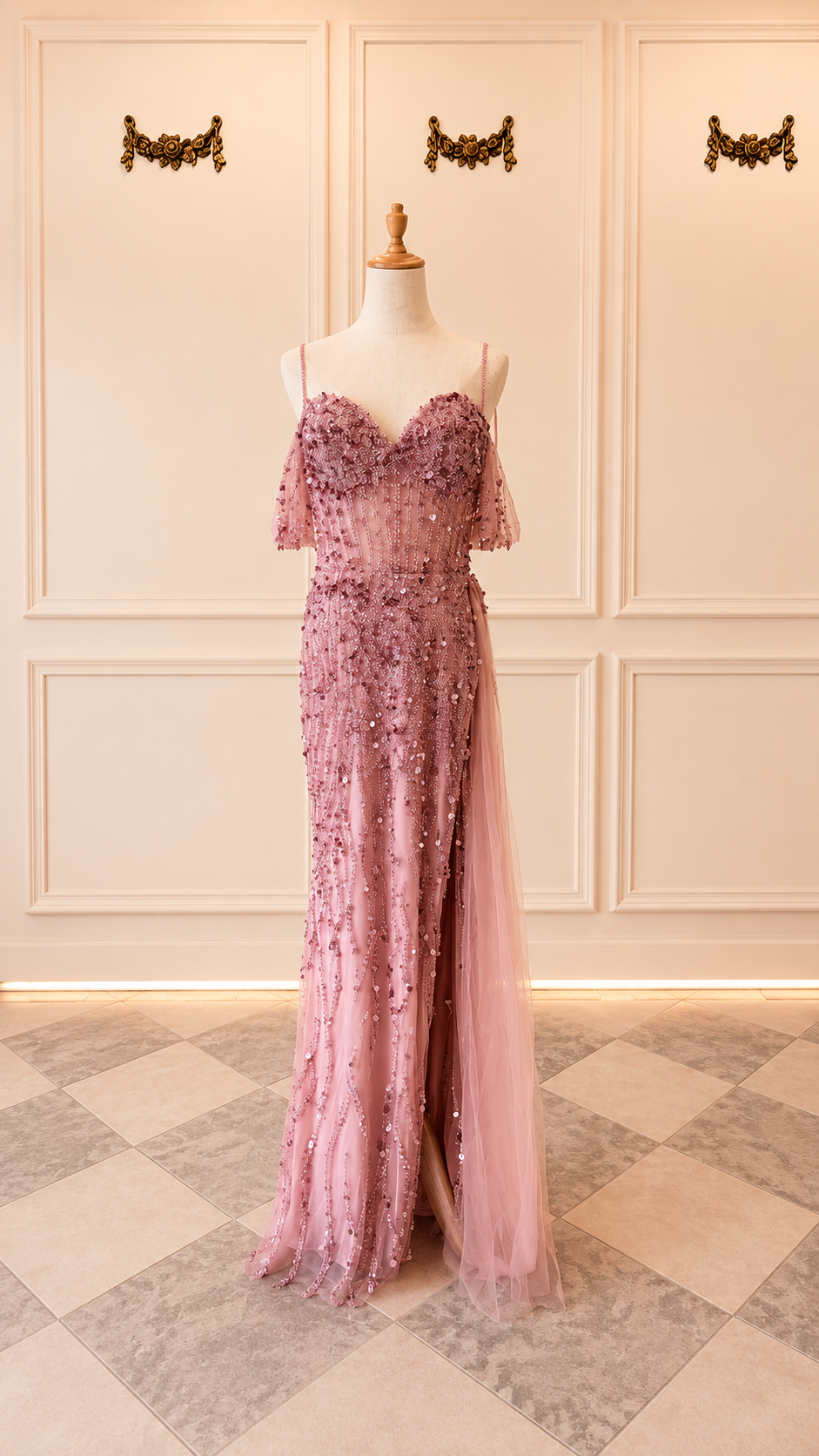Julia – DDC090 Coral Pink Sequin Beaded Gown with Slit Size 8