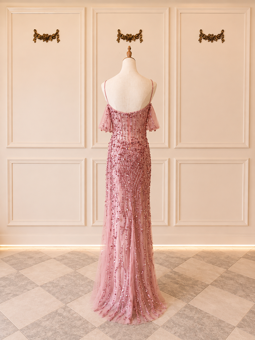 Julia – DDC090 Coral Pink Sequin Beaded Gown with Slit Size 8