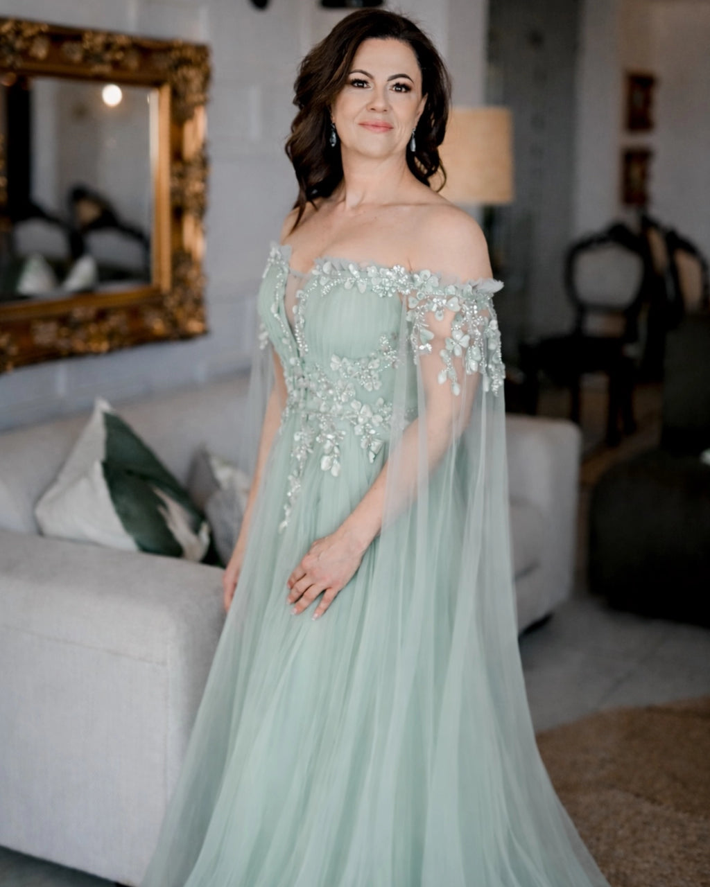 Kate DD043 Sage Green Tulle Gown With Beading