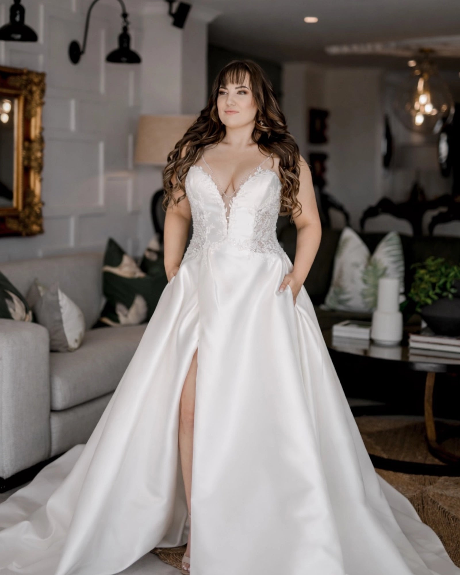 Lucy DD041 Off-White Mikado Satin Gown With Lace And Slit