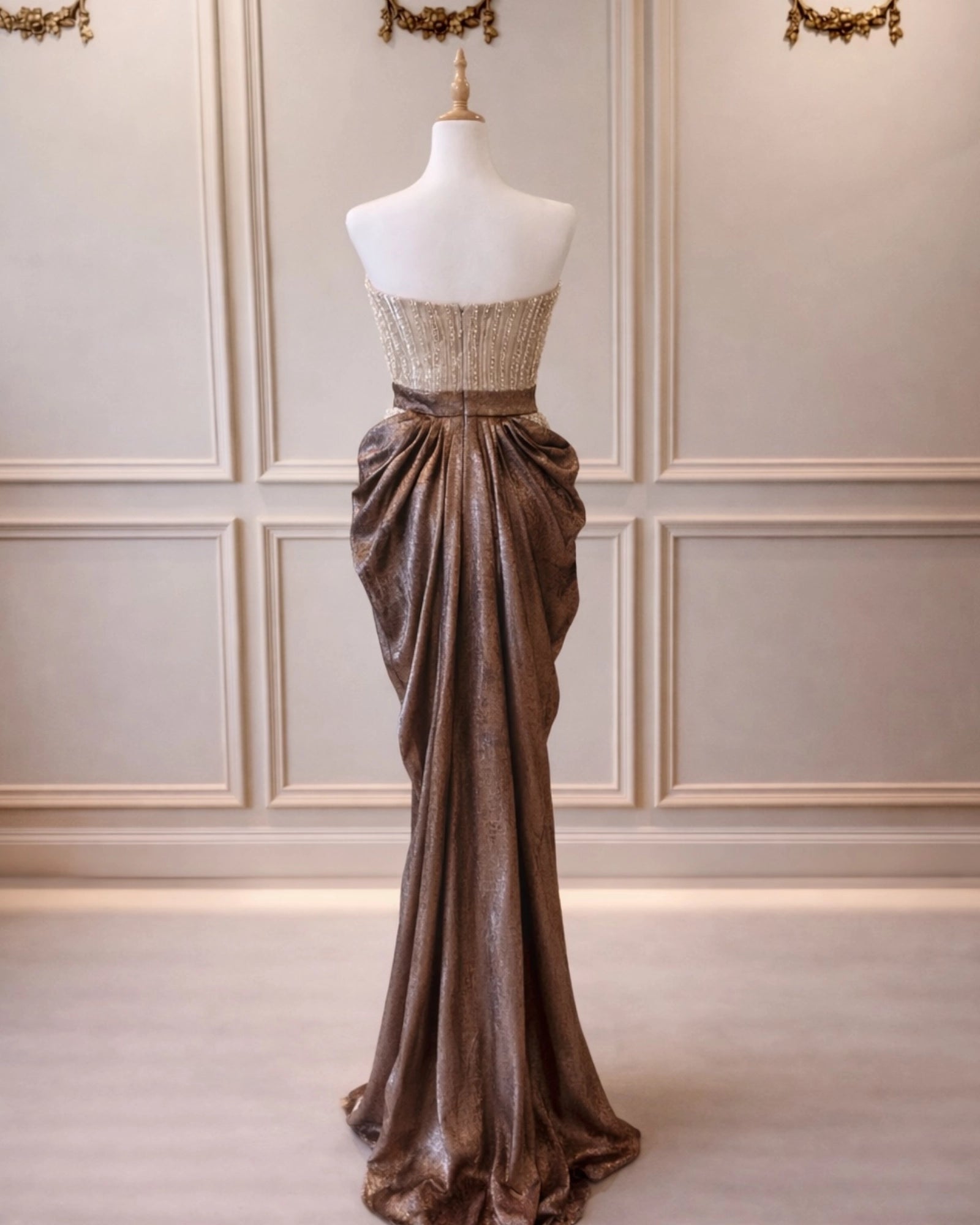 Mila DD016 Taupe Brown Beaded Top & Metallic Skirt