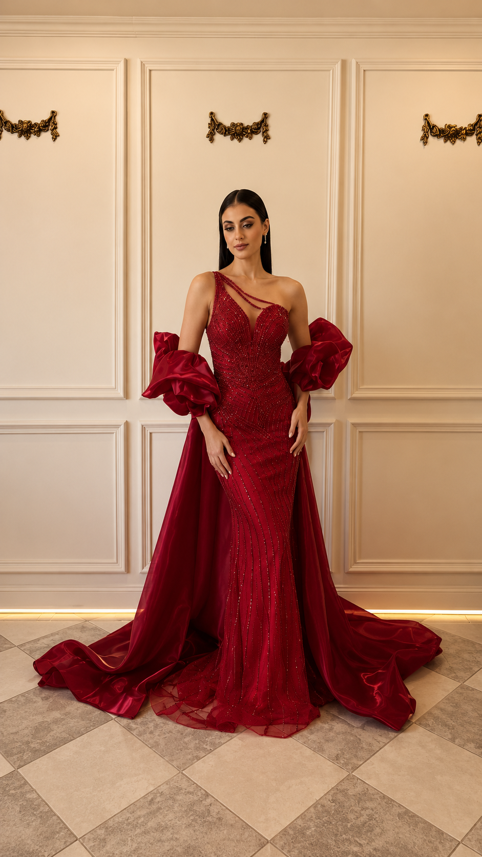 Penelope – DDC119 Size 6 beaded Red Gown With Detach Sleeve Drama