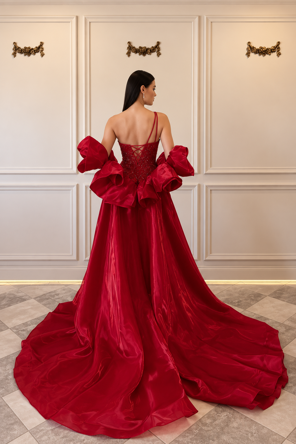 Penelope – DDC119 Size 6 beaded Red Gown With Detach Sleeve Drama