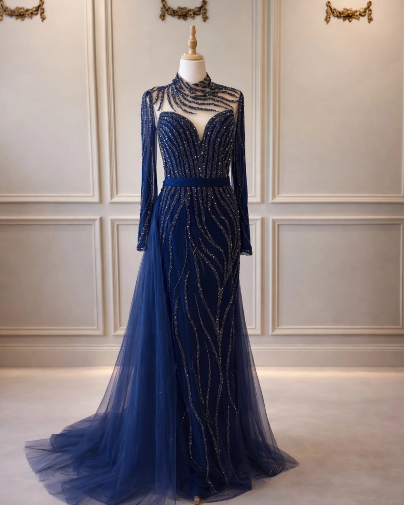 Skye DD0024 Navy Beaded Dress With Tulle Sperate Skirt