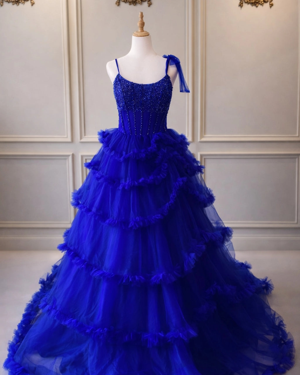 Summer DD025 Royal Blue Beaded Top And Frill Skirt
