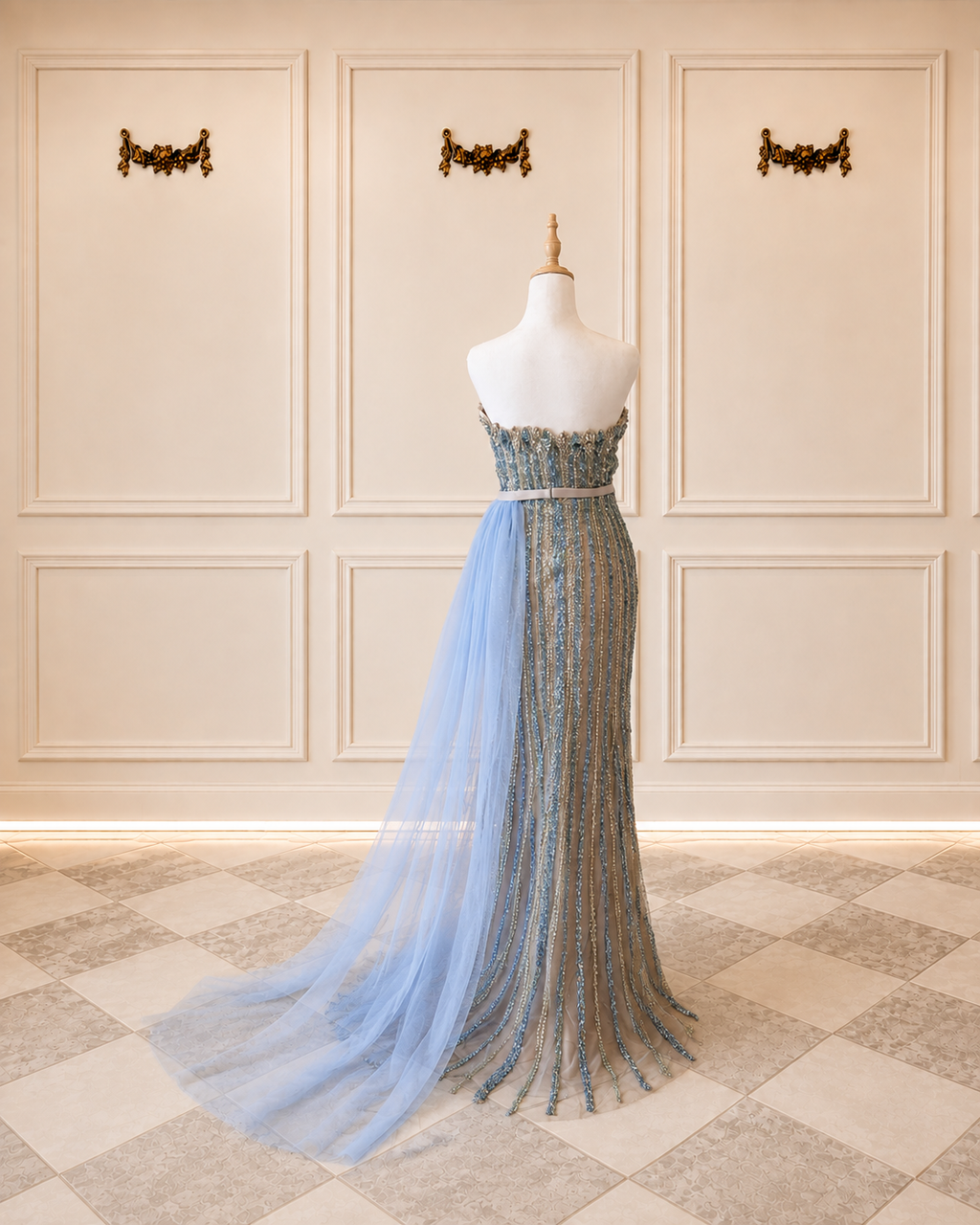 Taylor DDC121 Size 8 Blue and Nude Beaded Gown