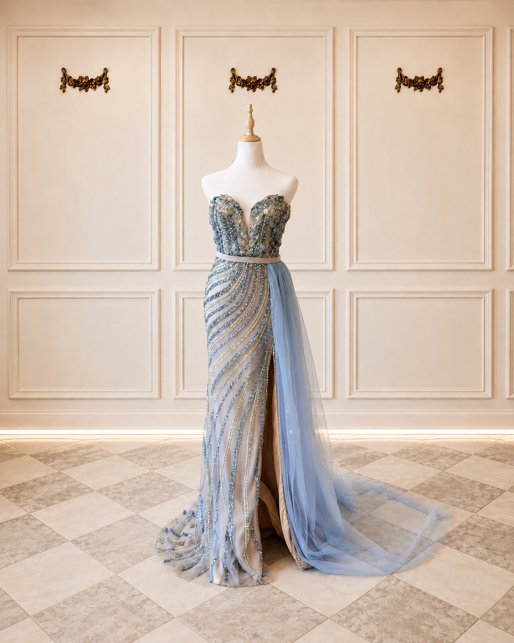Taylor DDC121 Size 8 Blue and Nude Beaded Gown