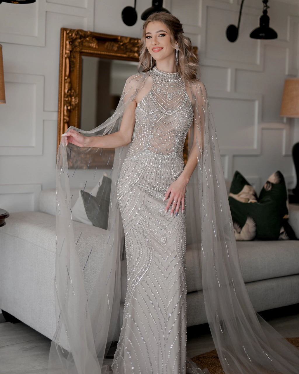 Zara DD070 Halter Neck Nude Color With Beaded Silver